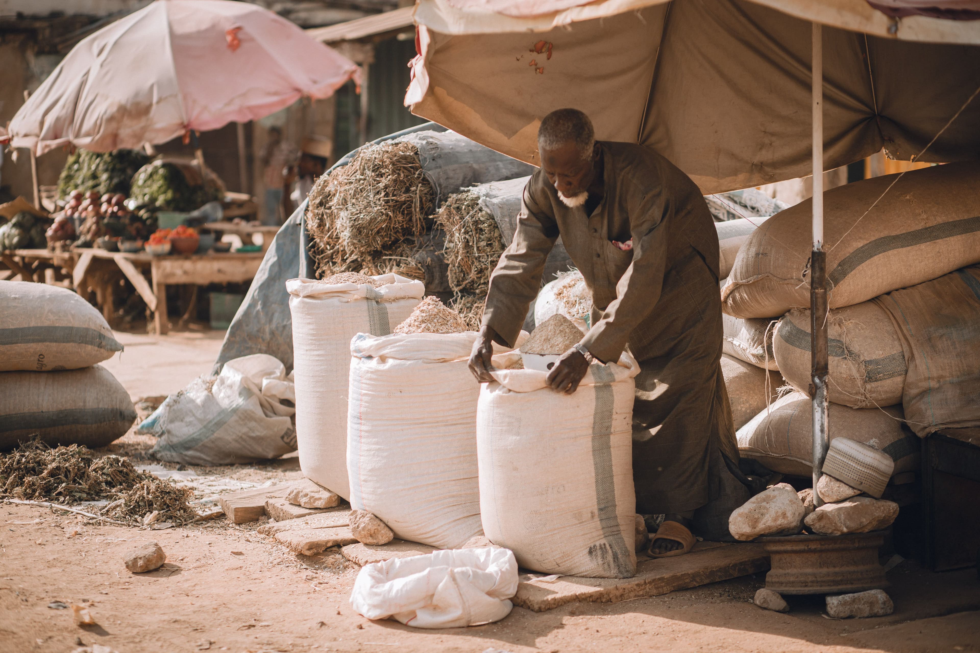 Sacks of raw goods at a Puntland trading market, the kind of scene resin passes through before export.